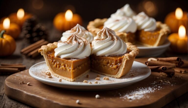How to Decorate a Pumpkin Pie: A pumpkin pie sits on a wooden table, topped with whipped cream swirls and sprinkled with cinnamon. A dusting of powdered sugar creates a festive touch