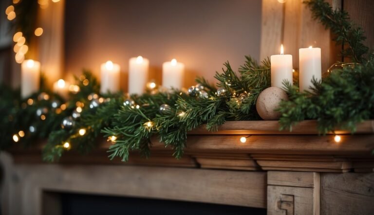 How to Decorate with Wooden Bead Garland: Wood bead garland draped across a rustic mantel, intertwined with greenery and fairy lights. A cozy living room with a neutral color palette and natural textures