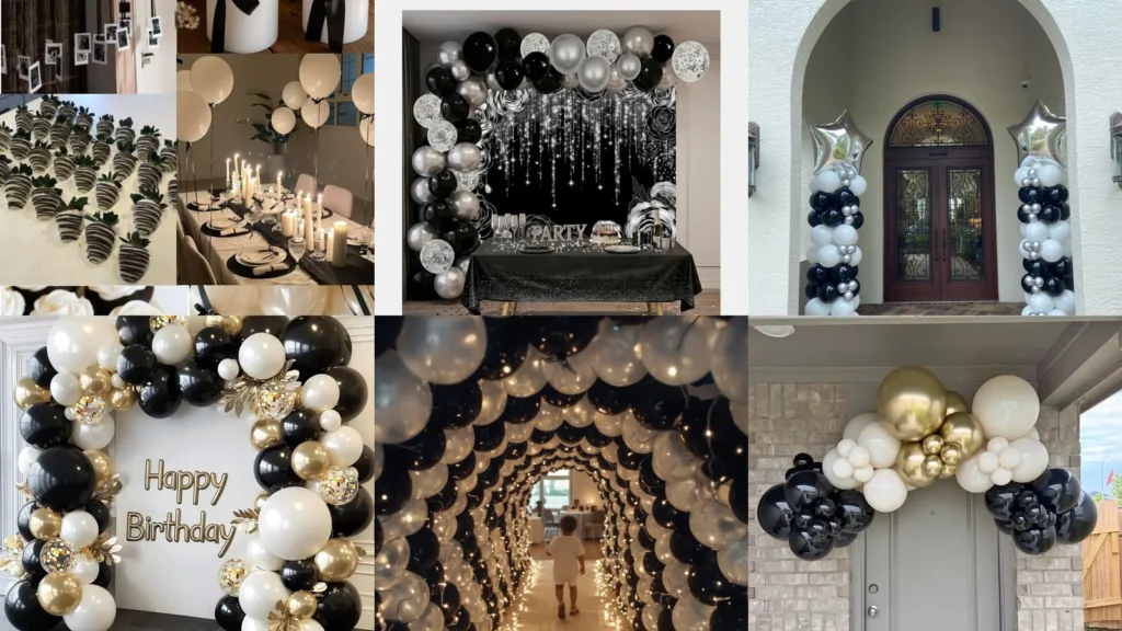 20 Black and White Balloon Decor Ideas With Bows, Dots and Sparkle