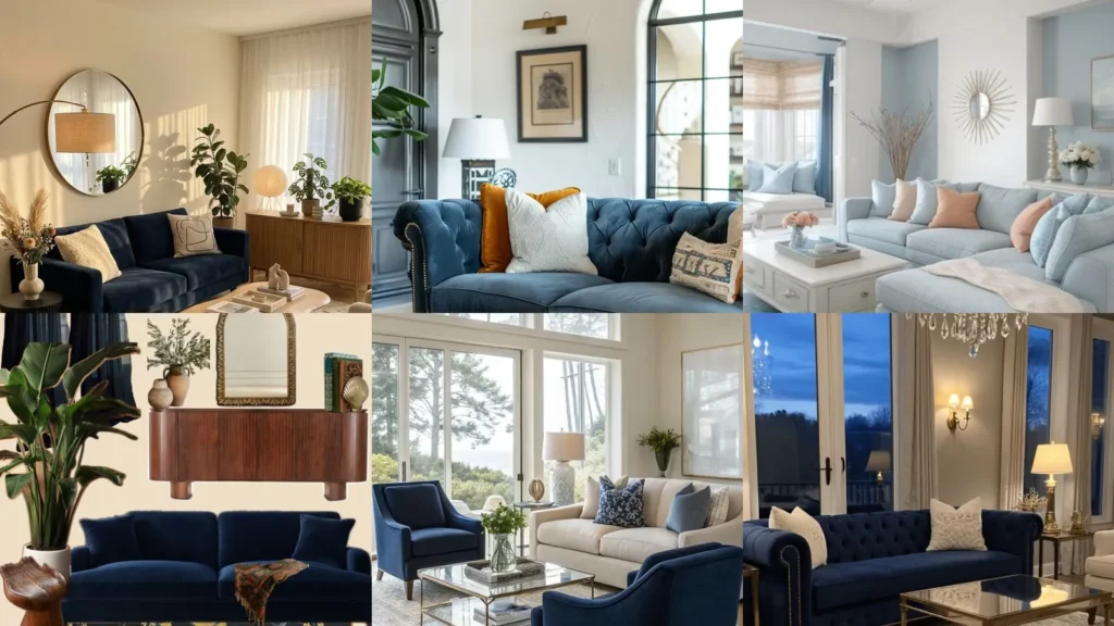 20 Ideas for Living Rooms With Blue Couches and Pretty Color Pairings