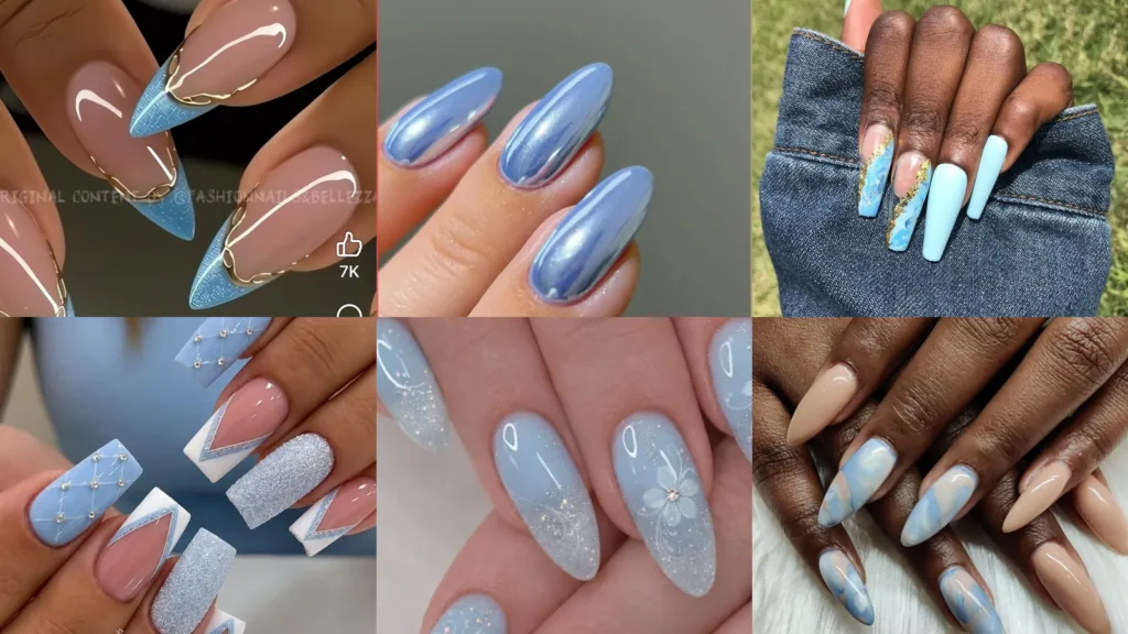 20 Pastel Blue Wedding Guest Nails With Flowers, French Tips and Sparkle